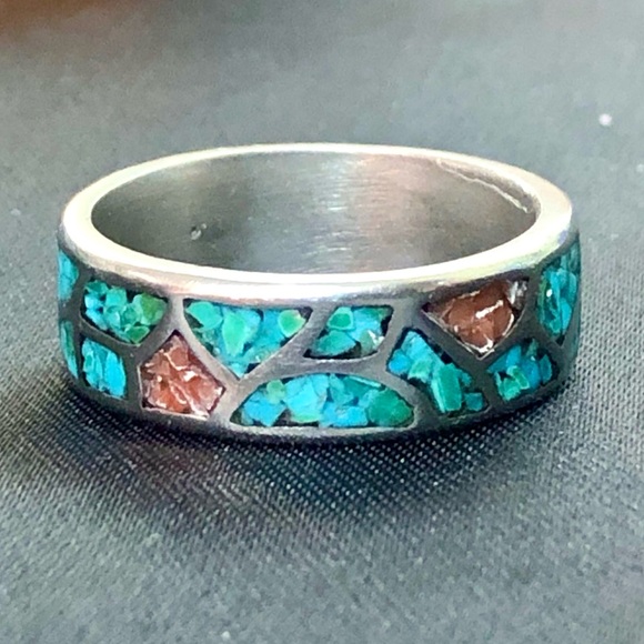 Southwest Native Sterling Silver Crushed Turquoise Coral Mosaic Ring Sz 12-1/2 - Picture 8 of 17